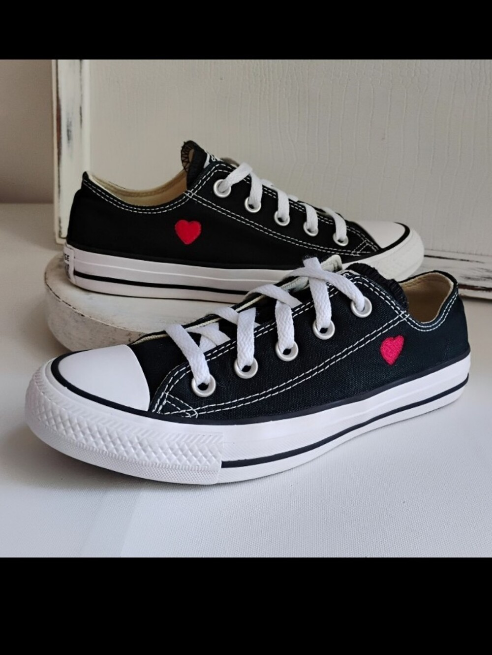 Converse CTAS OX Black Low Top Shoes With Custom Embroidered Hearts W6